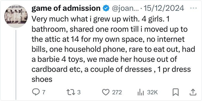 Tweet reflecting everyday American life in the past, describing a family with four girls sharing one room and limited resources. Tweet reflecting everyday American life in the past, describing a family with four girls sharing one room and limited resources.