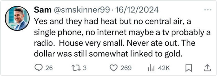 Tweet discussing aspects of past everyday American life, such as no central air or internet, and small houses. Tweet discussing aspects of past everyday American life, such as no central air or internet, and small houses.
