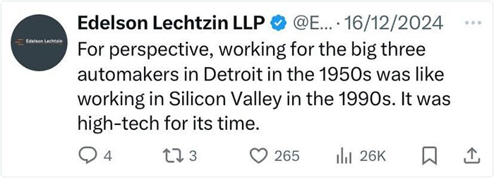 Tweet from Edelson Lechtzin LLP comparing 1950s Detroit automakers to 1990s Silicon Valley, highlighting past American life. Tweet from Edelson Lechtzin LLP comparing 1950s Detroit automakers to 1990s Silicon Valley, highlighting past American life.