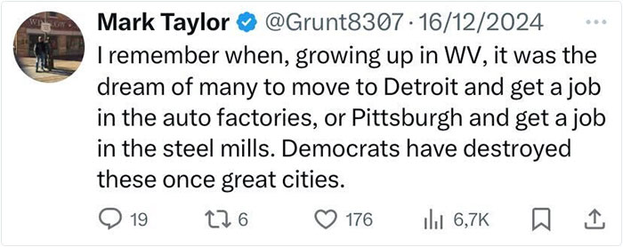 Tweet reflecting on American life, mentioning Detroit auto factories and Pittsburgh steel mills from the past. Tweet reflecting on American life, mentioning Detroit auto factories and Pittsburgh steel mills from the past.