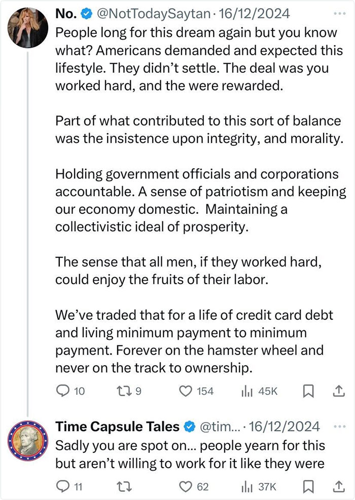 Tweet exchange reflecting on past everyday American life values and changes over time. Tweet exchange reflecting on past everyday American life values and changes over time.