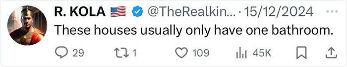 Tweet by R. KOLA discussing historical American houses having one bathroom. Tweet by R. KOLA discussing historical American houses having one bathroom.