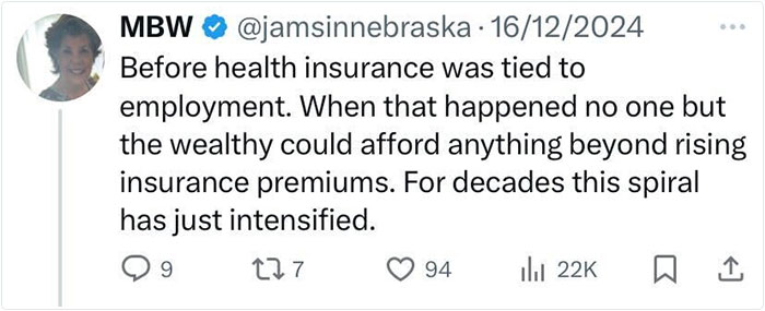 Tweet discussing American life before job-linked health insurance, highlighting affordability issues and rising premiums. Tweet discussing American life before job-linked health insurance, highlighting affordability issues and rising premiums.