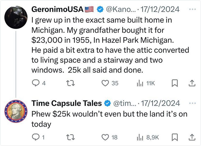 Tweets reminiscing about past American life and property costs in 1955 Michigan. Tweets reminiscing about past American life and property costs in 1955 Michigan.