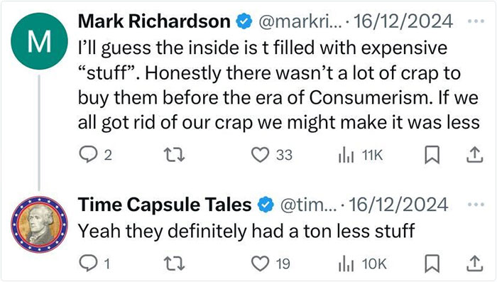 Two tweets discussing how past American life had less consumerism and material possessions. Two tweets discussing how past American life had less consumerism and material possessions.
