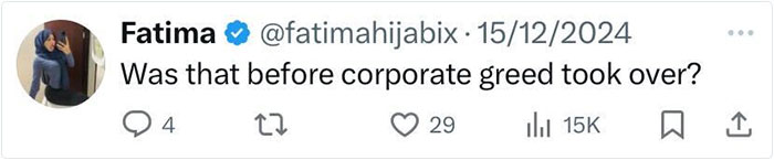 Tweet questioning past everyday American life before corporate greed, posted by Fatima. Tweet questioning past everyday American life before corporate greed, posted by Fatima.