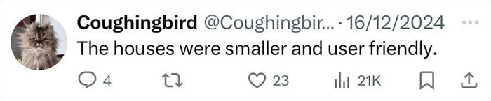 Tweet discussing smaller, user-friendly houses from American life in the past. Tweet discussing smaller, user-friendly houses from American life in the past.