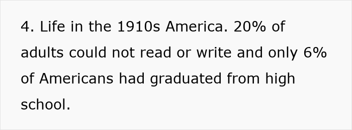 Text describing everyday American life in the 1910s with literacy statistics. Text describing everyday American life in the 1910s with literacy statistics.
