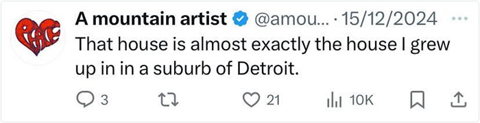 Tweet by a verified user reminiscing about a childhood house in a Detroit suburb, reflecting everyday American life. Tweet by a verified user reminiscing about a childhood house in a Detroit suburb, reflecting everyday American life.