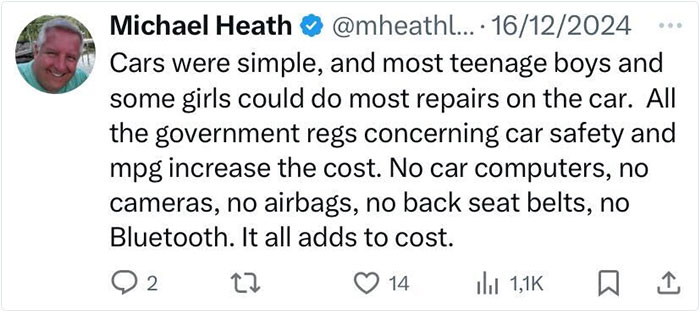 Tweet by Michael Heath reflecting on simpler American life and car maintenance in the past. Tweet by Michael Heath reflecting on simpler American life and car maintenance in the past.