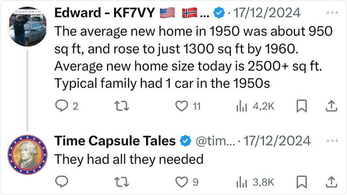 Tweet comparing average home sizes from 1950 to today, illustrating everyday American life changes in the past. Tweet comparing average home sizes from 1950 to today, illustrating everyday American life changes in the past.