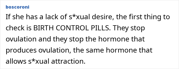 Text discussing lack of desire due to birth control pills in context of dead bedroom and divorce. Text discussing lack of desire due to birth control pills in context of dead bedroom and divorce.