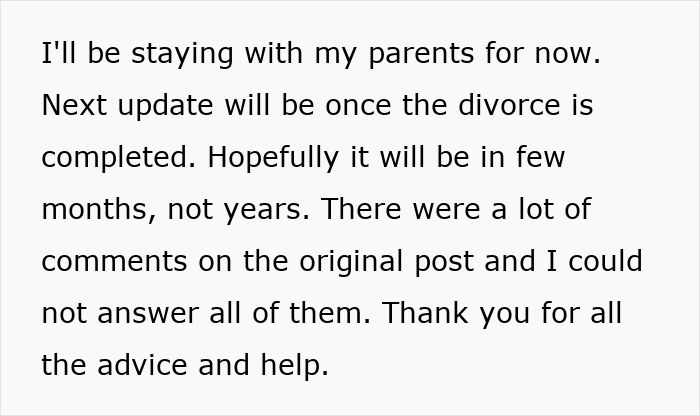 Text about a husband staying with parents during divorce proceedings, anticipating its completion in a few months. Text about a husband staying with parents during divorce proceedings, anticipating its completion in a few months.