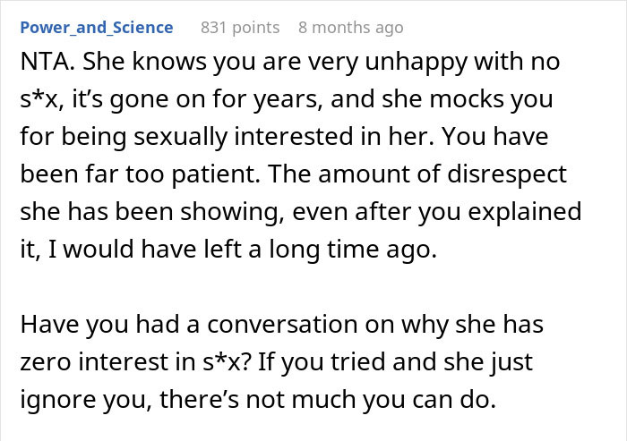 Comment discussing marital issues related to a dead bedroom situation over years, highlighting frustration and disrespect. Comment discussing marital issues related to a dead bedroom situation over years, highlighting frustration and disrespect.
