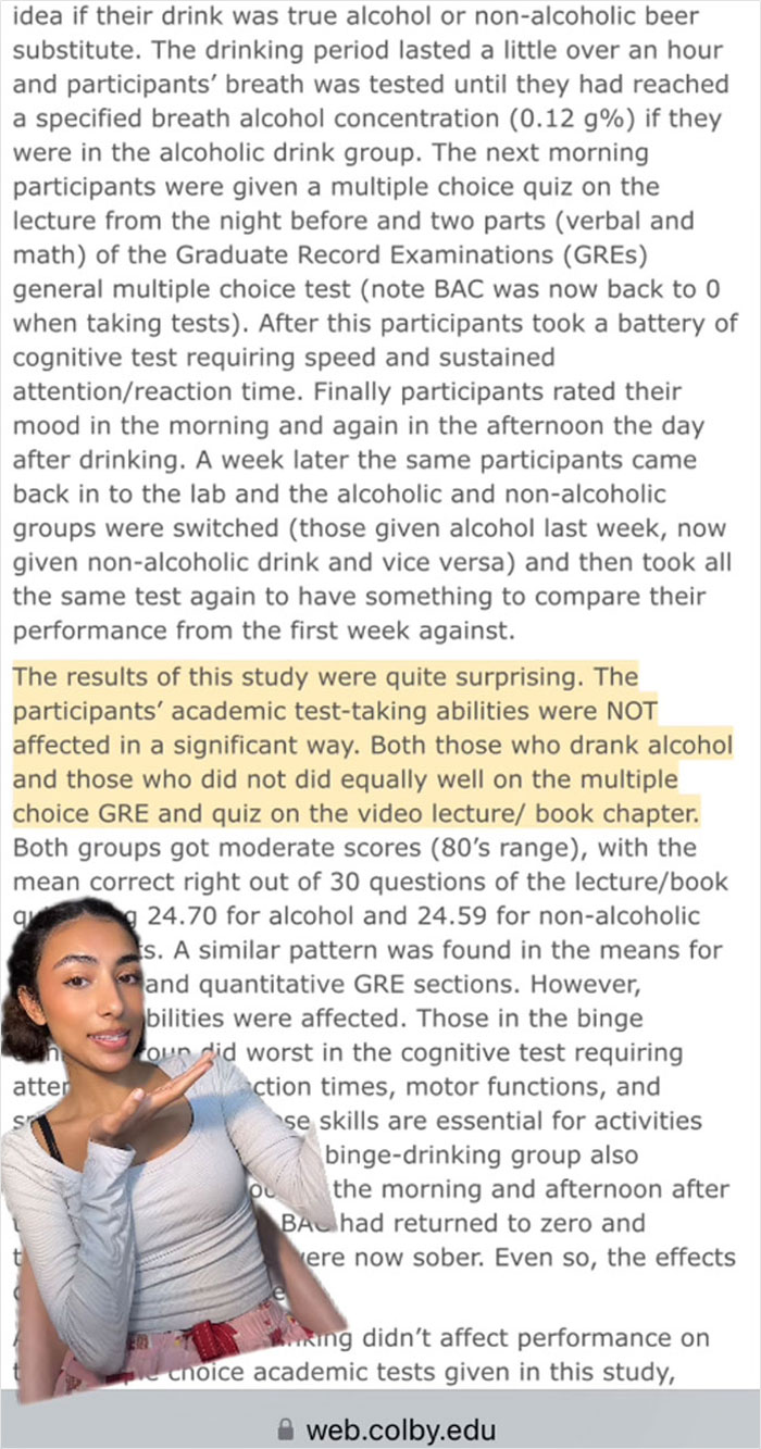College student in front of study results discussing alcohol's impact on test performance. College student in front of study results discussing alcohol's impact on test performance.