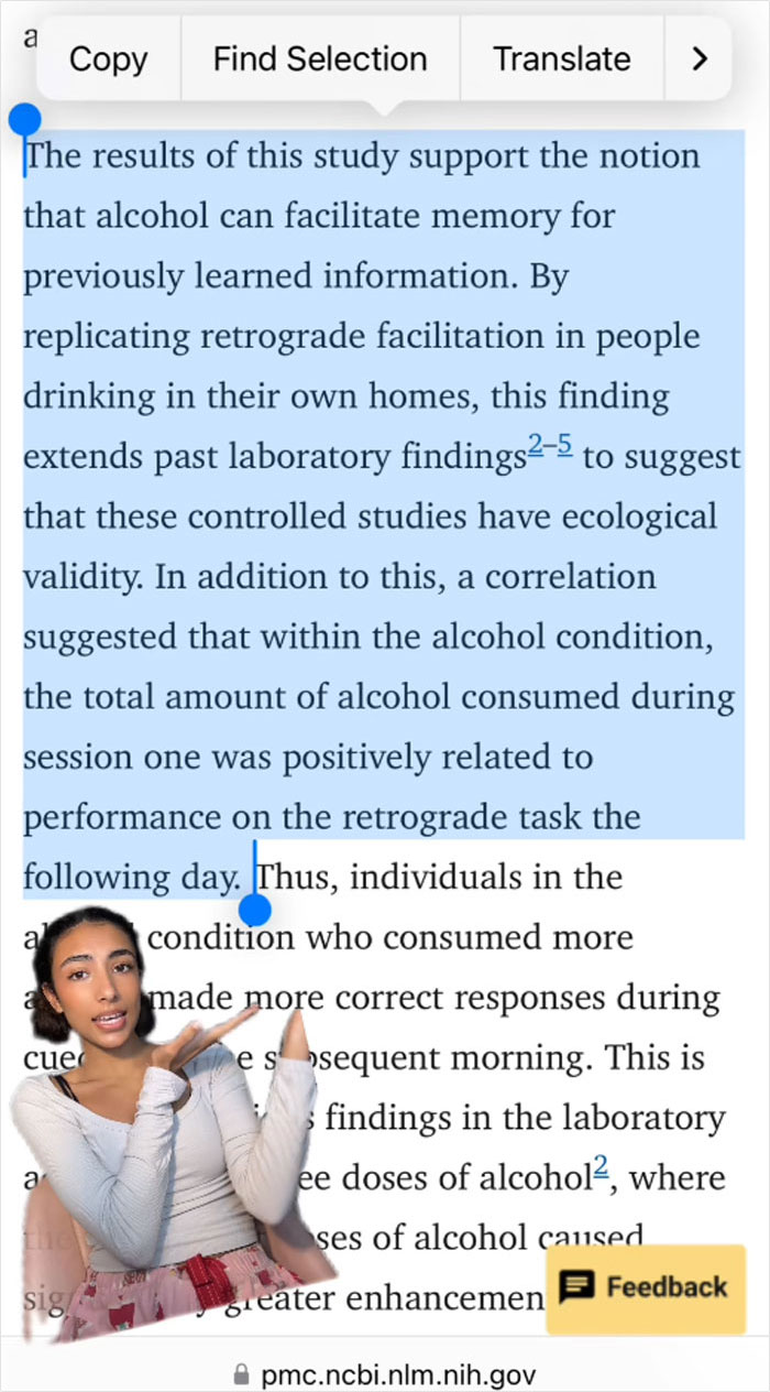 College student discusses study linking alcohol and memory improvement, referencing a scientific article. College student discusses study linking alcohol and memory improvement, referencing a scientific article.