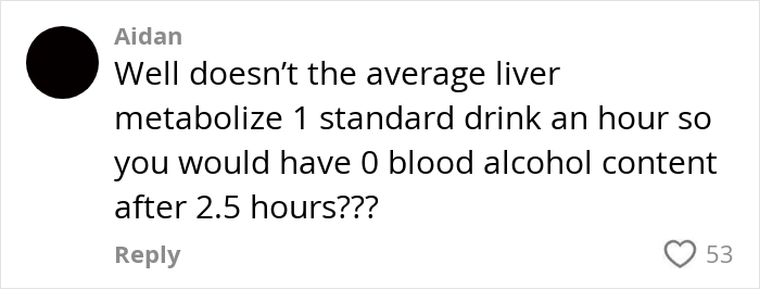 College student discusses alcohol metabolism timing with humor in a comment thread. College student discusses alcohol metabolism timing with humor in a comment thread.