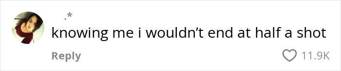 College student comments humorously on pregaming before midterm exam, expressing willingness for more than half a shot. College student comments humorously on pregaming before midterm exam, expressing willingness for more than half a shot.