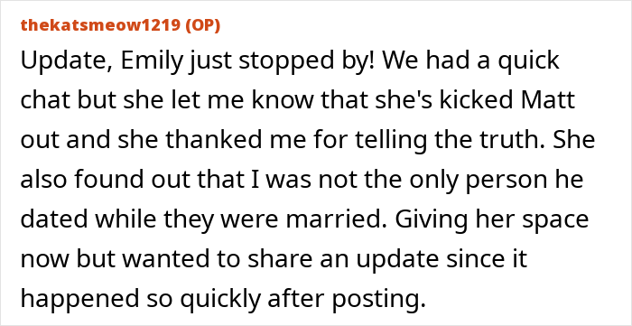 Text update about a neighbor finding out her husband dated someone else, leading to a conversation and a major decision. Text update about a neighbor finding out her husband dated someone else, leading to a conversation and a major decision.