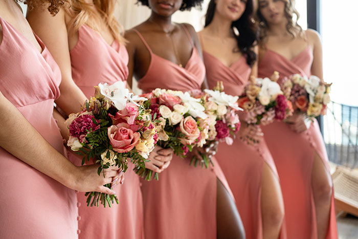 Bridesmaids in pink dresses holding bouquets, reflecting wedding themes. Bridesmaids in pink dresses holding bouquets, reflecting wedding themes.