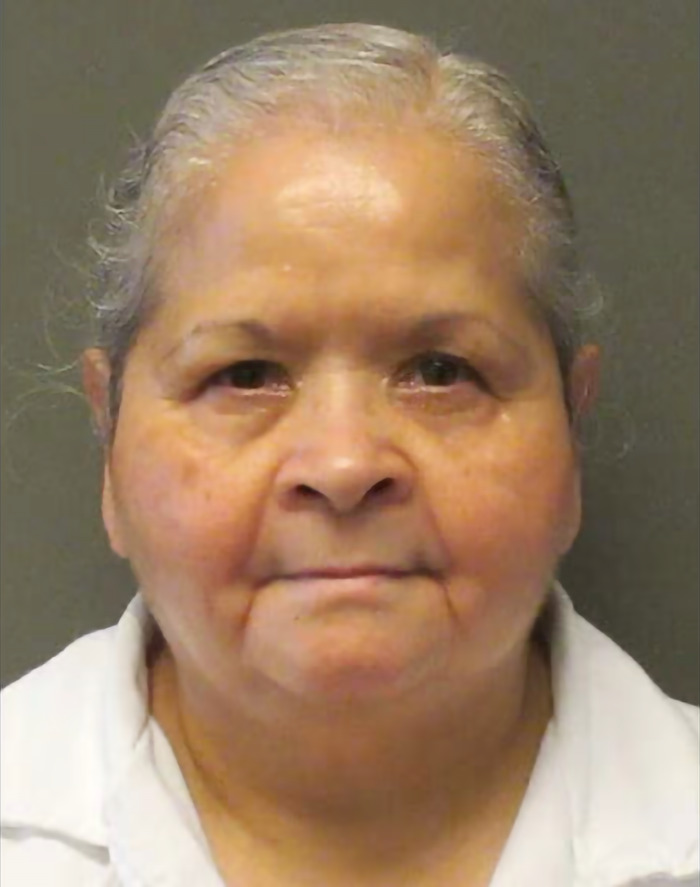 Woman involved in pop star Selena's assassination, in prison attire, against a gray backdrop. Woman involved in pop star Selena's assassination, in prison attire, against a gray backdrop.