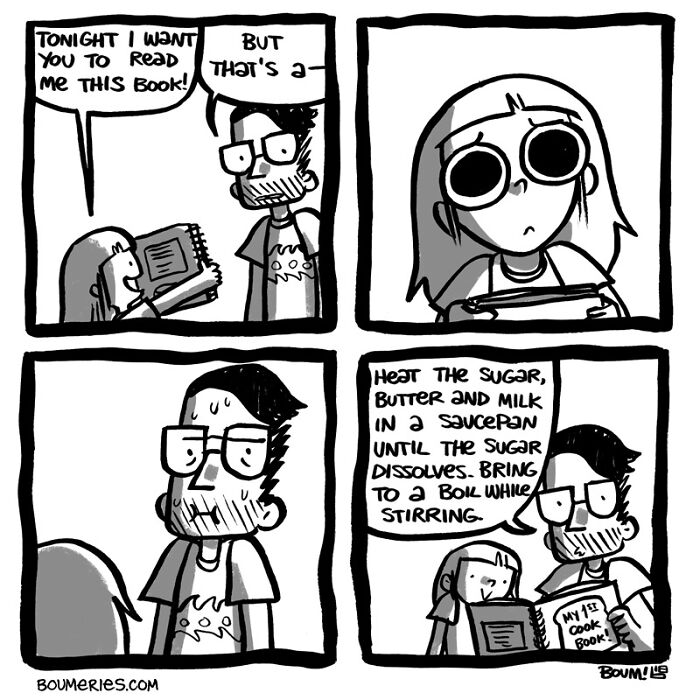 Comic showing a humorous scene of a child asking a parent to read from a recipe book, capturing relatable everyday life.