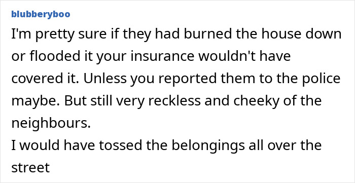 Comment discussing reckless neighbors damaging property, emphasizing cheeky behavior. Comment discussing reckless neighbors damaging property, emphasizing cheeky behavior.