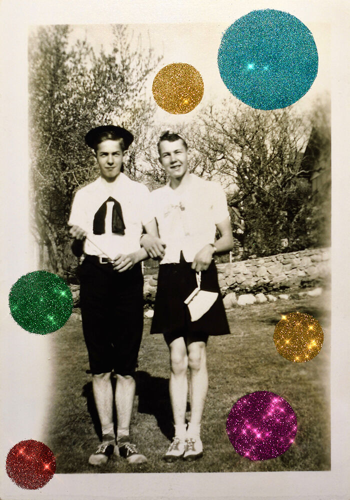 Vintage photo of two people embracing outdoors, adorned with colorful glitter dots, representing a love without boundaries.