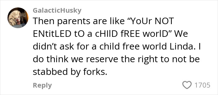 Comment about a passenger being stabbed by a child with a fork on a flight, highlighting parenting responsibility. Comment about a passenger being stabbed by a child with a fork on a flight, highlighting parenting responsibility.