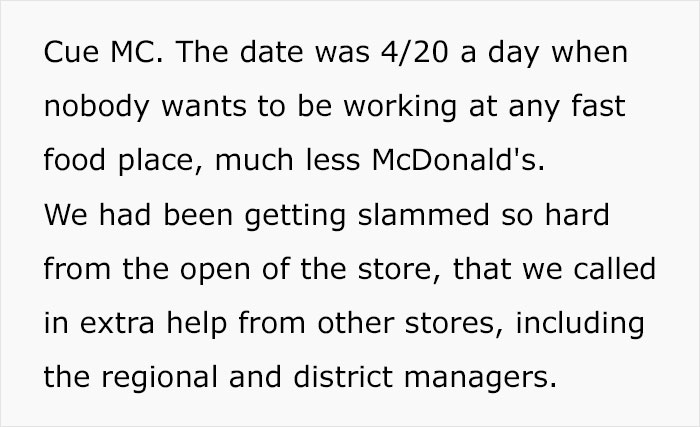 Text describing fast-food chaos as employee adheres to break policy. Text describing fast-food chaos as employee adheres to break policy.