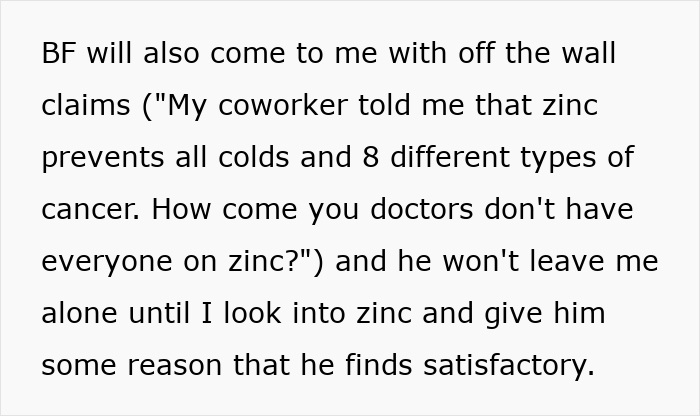 Text about woman's frustration with boyfriend's challenges to her medical expertise on zinc claims. Text about woman's frustration with boyfriend's challenges to her medical expertise on zinc claims.