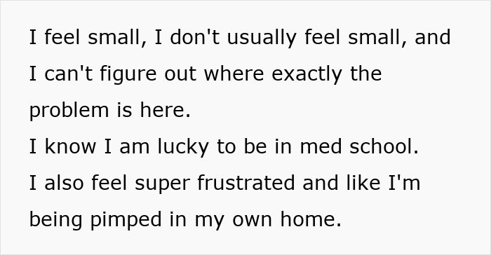 Text expressing frustration and feeling trapped at home despite being in med school. Text expressing frustration and feeling trapped at home despite being in med school.