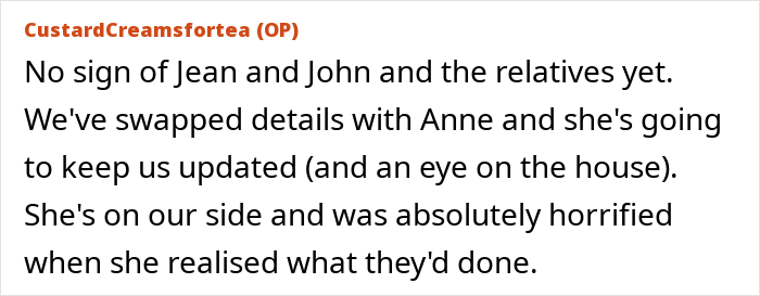 Text screenshot discussing a woman discovering neighbors in her late mother's house. Text screenshot discussing a woman discovering neighbors in her late mother's house.