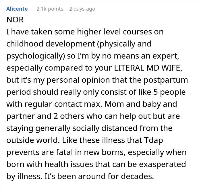 Text about relatives needing vaccines to see a new baby, discussing postpartum social distancing and health risks. Text about relatives needing vaccines to see a new baby, discussing postpartum social distancing and health risks.