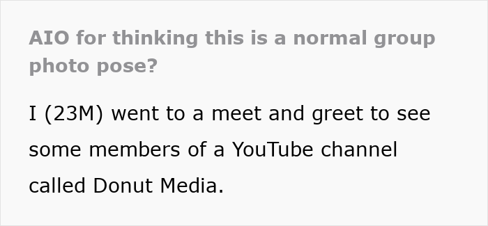 Text discussing a group photo moment at a Donut Media meet and greet. Text discussing a group photo moment at a Donut Media meet and greet.