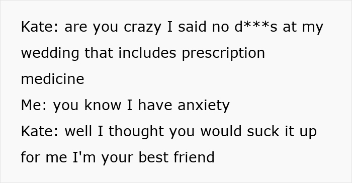 Text screenshot discussing anxiety pills and wedding conflict. Text screenshot discussing anxiety pills and wedding conflict.