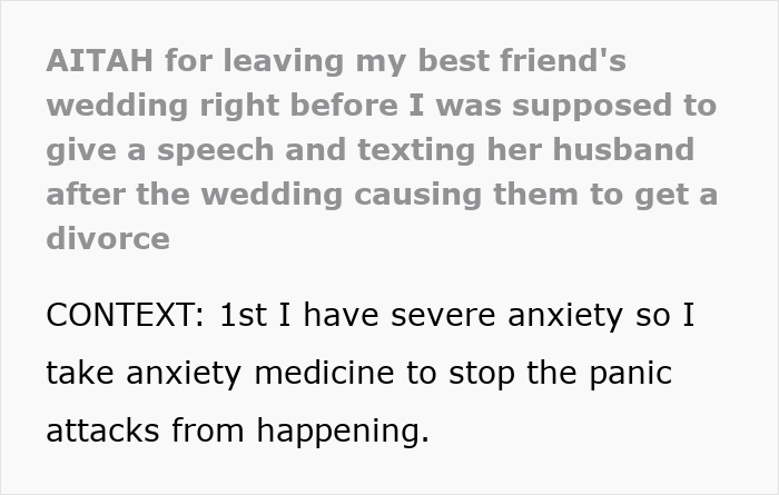 Text discussing anxiety pills at a wedding, friendship conflict, and a resulting breakup. Text discussing anxiety pills at a wedding, friendship conflict, and a resulting breakup.