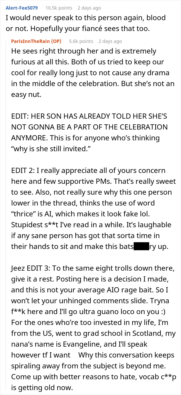 Reddit comment thread discussing MIL canceling son's honeymoon, including edits and responses. Reddit comment thread discussing MIL canceling son's honeymoon, including edits and responses.