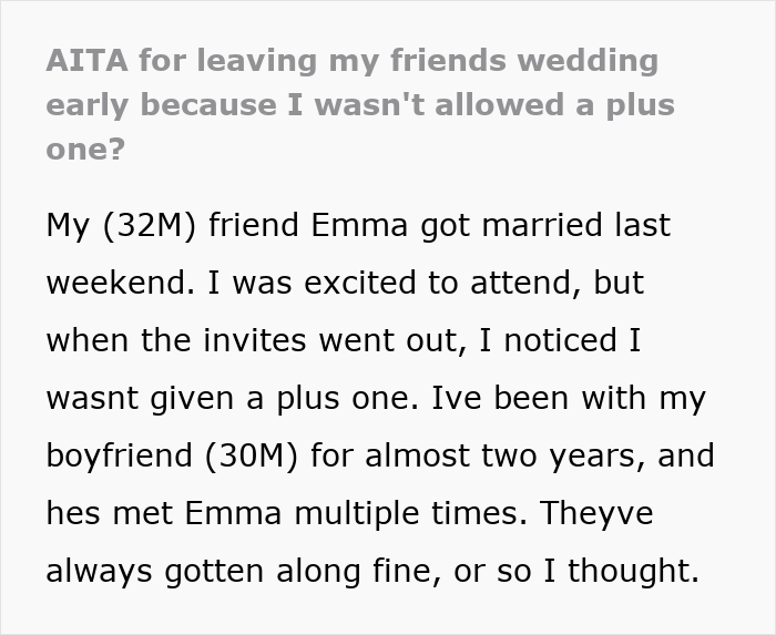 Man Doesn’t Get A Plus One At Friend’s Wedding, Leaves Mid-Celebration After Finding Out Why Man Doesn’t Get A Plus One At Friend’s Wedding, Leaves Mid-Celebration After Finding Out Why