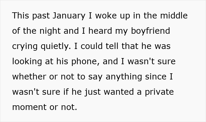 Text about a boyfriend crying in the night, related to an upset-ex-girlfriend and marriage concerns. Text about a boyfriend crying in the night, related to an upset-ex-girlfriend and marriage concerns.