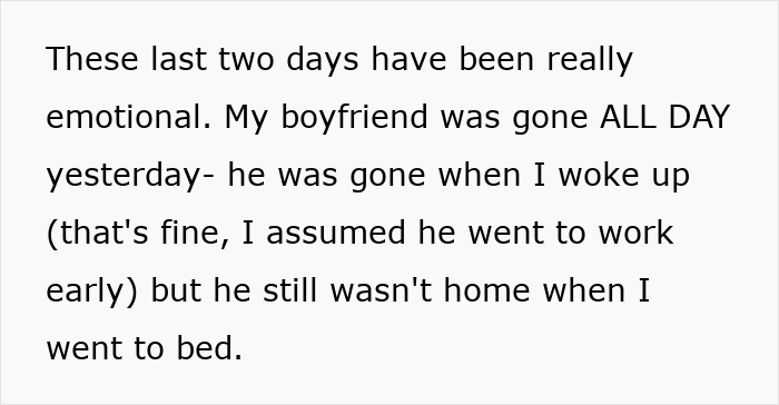 Text describing an upset ex-girlfriend sharing emotional days, boyfriend absent from morning to bedtime. Text describing an upset ex-girlfriend sharing emotional days, boyfriend absent from morning to bedtime.