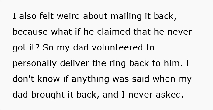 Text expressing an upset ex-girlfriend's feelings about returning a ring before a marriage. Text expressing an upset ex-girlfriend's feelings about returning a ring before a marriage.