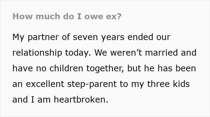 Text asking about financial obligations after a 7-year relationship ends, expressing heartbreak. Text asking about financial obligations after a 7-year relationship ends, expressing heartbreak.
