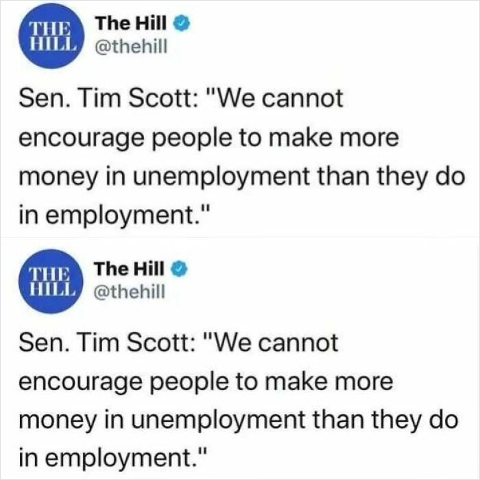 Tweet exchange critiquing capitalism and unemployment benefits versus minimum wage.