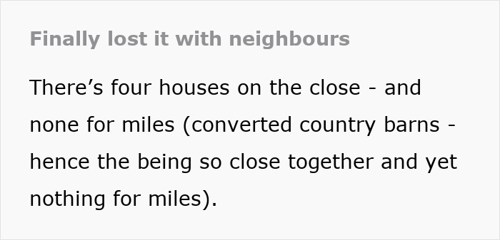Text describing tension with neighbors over pets in a rural area, highlighting proximity and seclusion. Text describing tension with neighbors over pets in a rural area, highlighting proximity and seclusion.