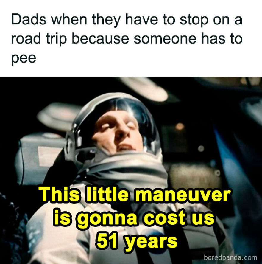Astronaut dad meme humorously captures parenthood road trip challenges.