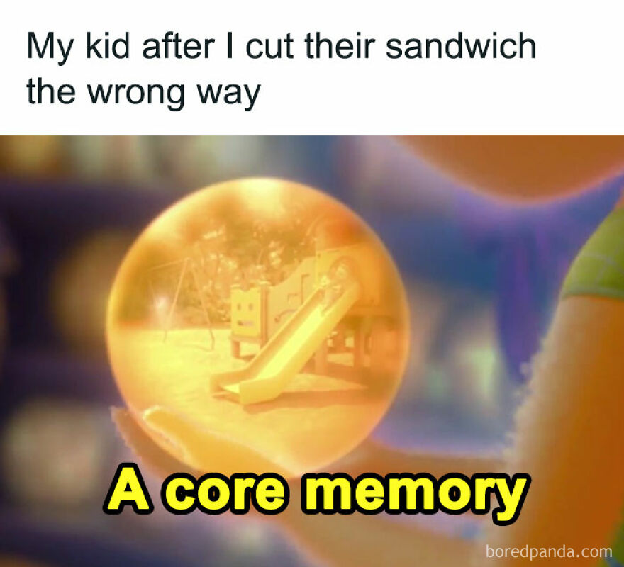 Parenthood meme depicting a child's intense reaction to a sandwich cut incorrectly, labeled as "A core memory."