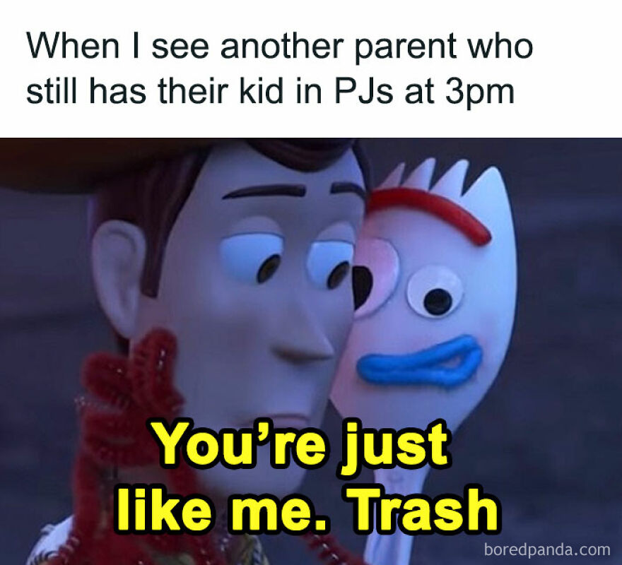 Toy characters humorously illustrating the joy and madness of parenthood.