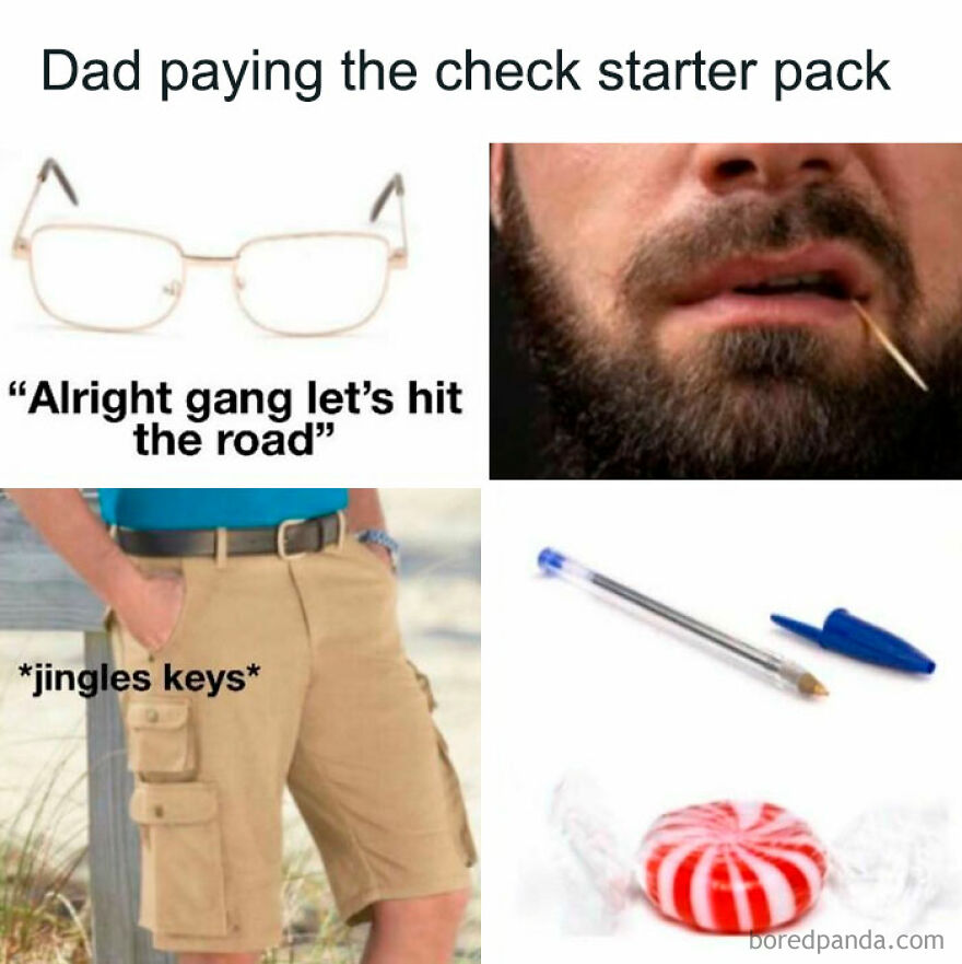 Dad paying the check starter pack meme with glasses, toothpick, cargo shorts, pen, and mint. Keywords: Parenthood memes.