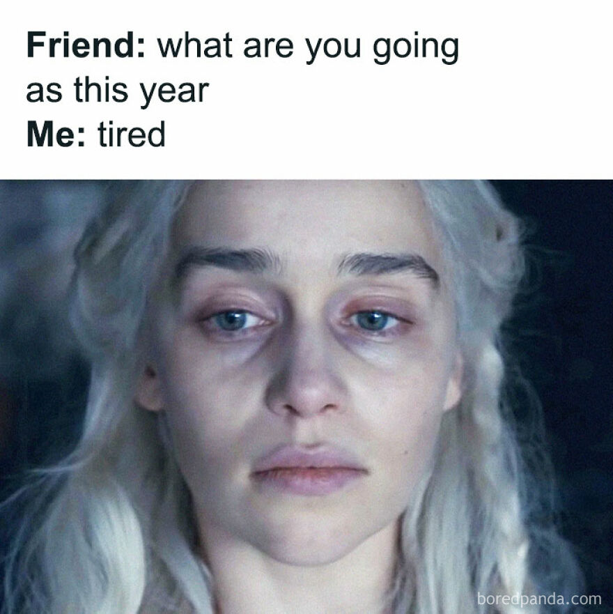 A tired woman with pale skin and long hair, embodying the exhaustion of parenthood, captioned with a humorous Halloween costume idea.